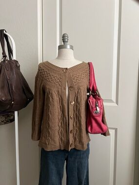 LOFT Brown Cable Knit Button-Front Cardigan